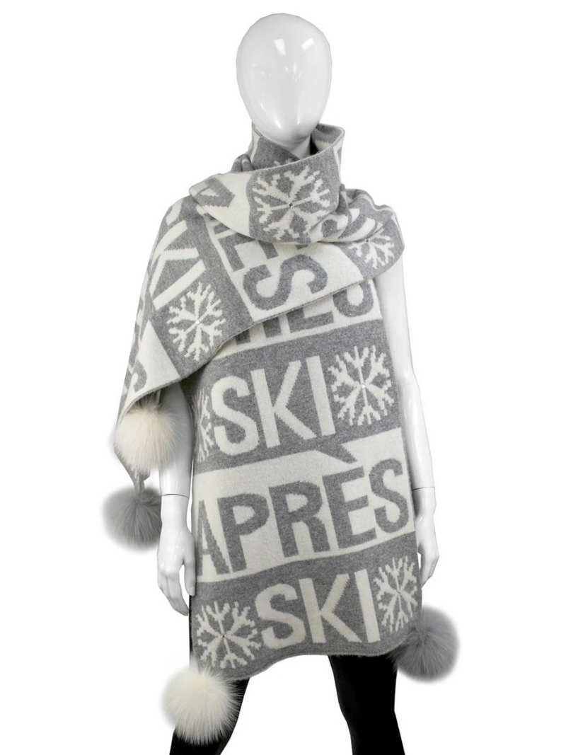 Knitted Oversize Apres Ski Scarf w/Fox Pom Poms