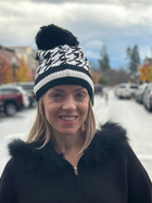 Houndstooth Beanie with Fox Fur Pom Pom