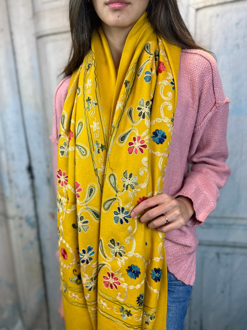 Embroidered Paisley Cashmere Scarf/Wrap