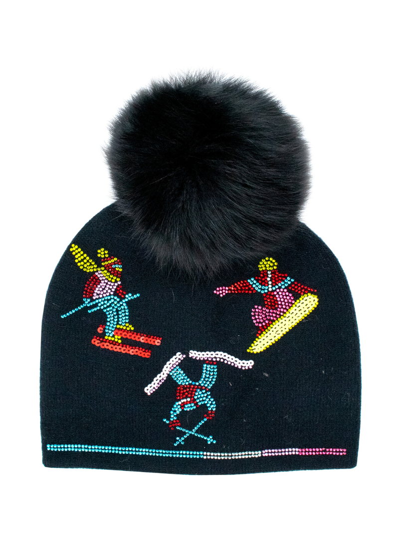 Beanie w/Crystal Skiers & Fox Fur Pompom