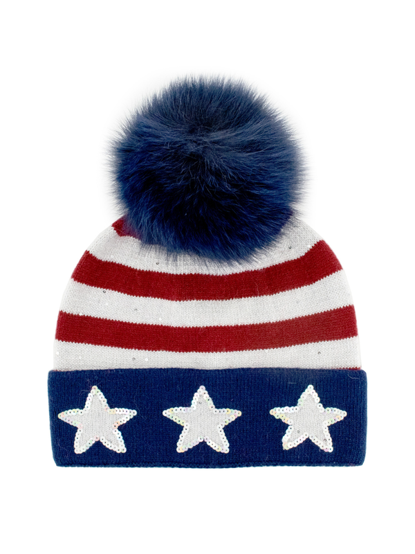 USA Hat w/Sequin Stars & Fox Fur Pompom