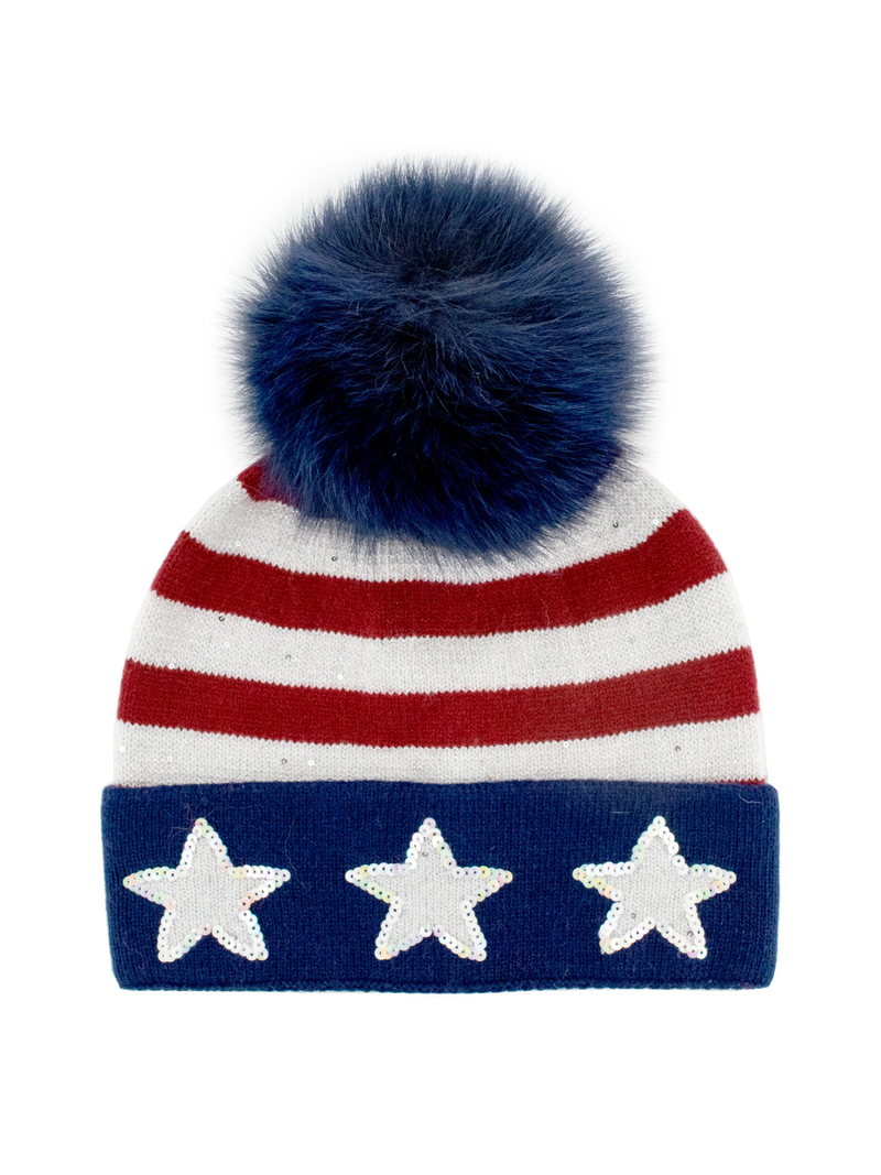 USA Hat w/Sequin Stars & Fox Fur Pompom