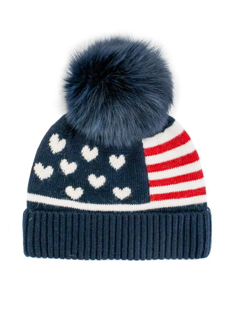 American Flag Beanie w/Fox Pompom