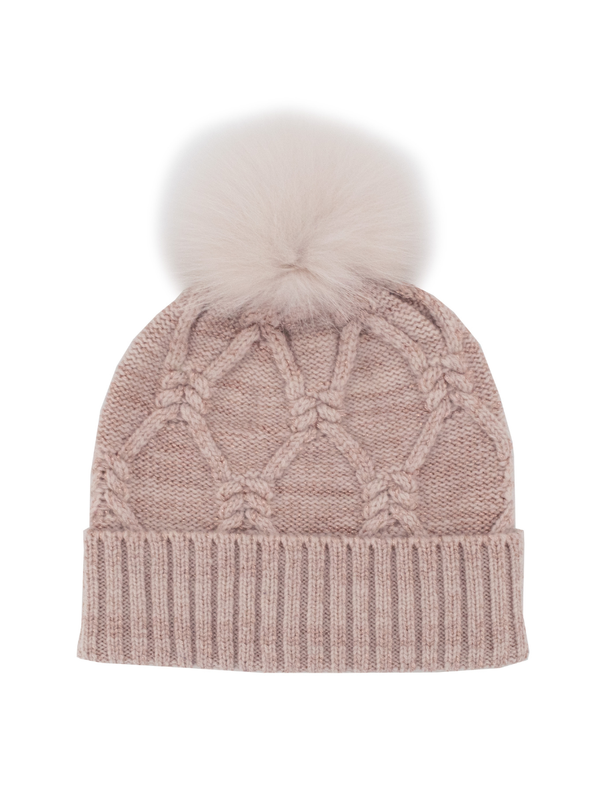 Cable Knit Gold Trim & Fox Pompom