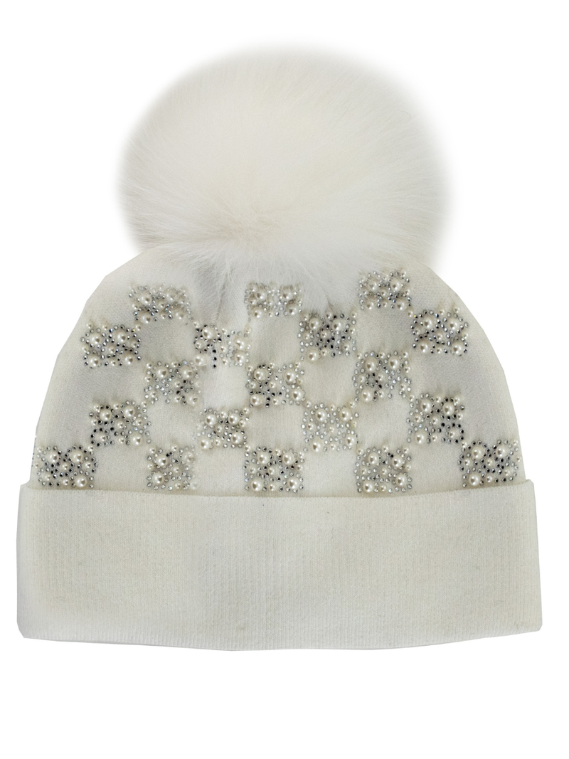 Knit Pearl & Crystal Beanie w/Fox Pompom