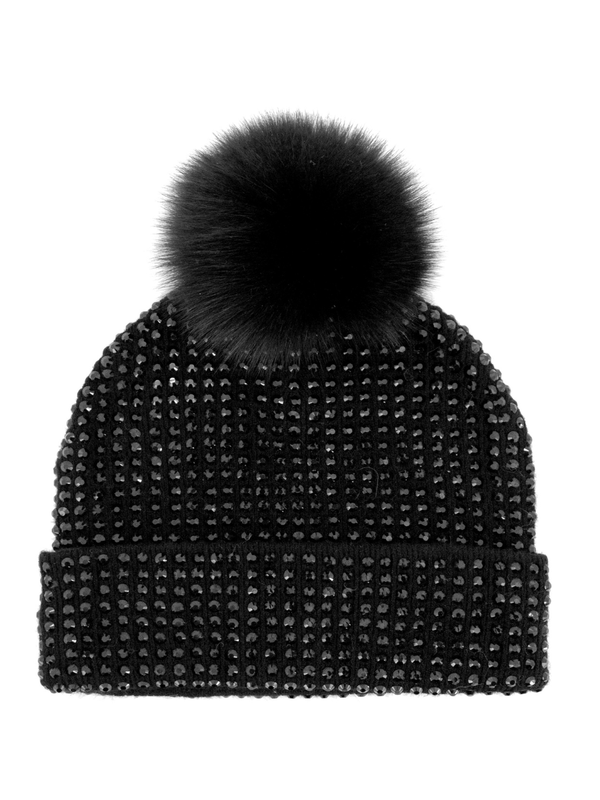 Knit Crystal Beanie w/Fox Fur Pompom