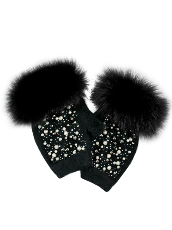 Knit Fingerless Gloves w/Pearls & Fox Fur Trim