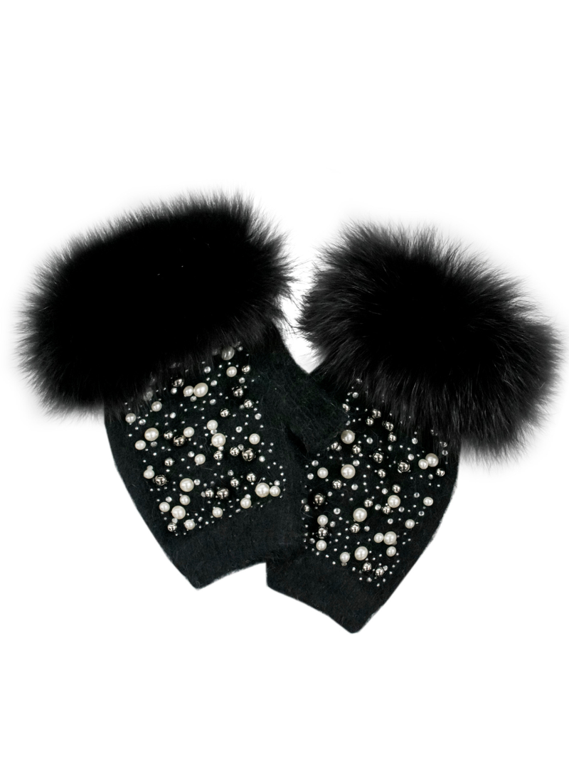 Knit Fingerless Gloves w/Pearls & Fox Fur Trim