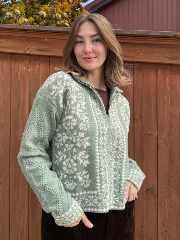 Nordic Charm Zip Cardigan Sage