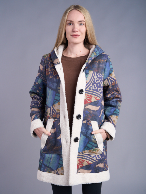Boho Patchwork Sherpa-Lined Hooded Blue Coat