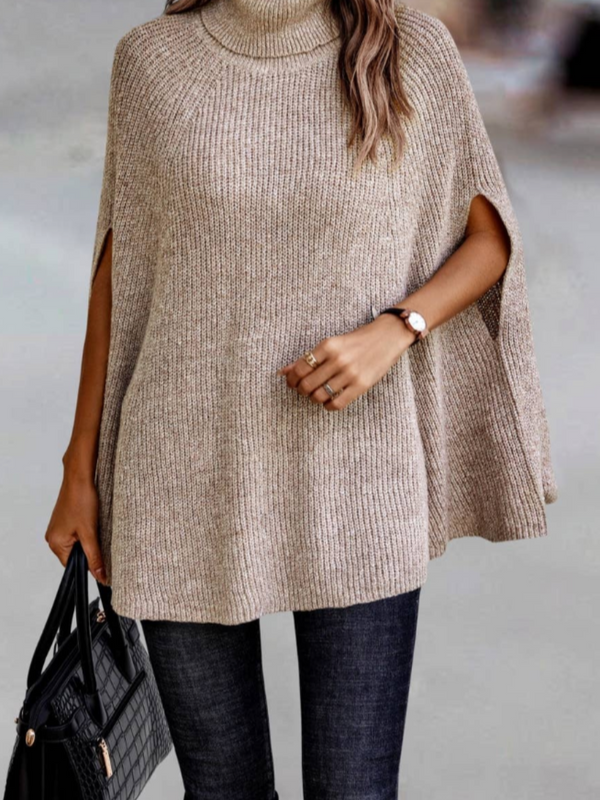 Turtleneck Knit Solid Poncho