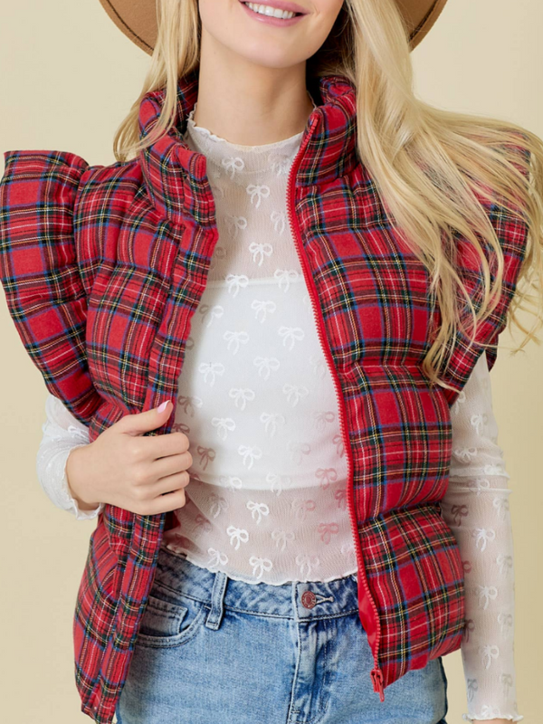 Plaid Puffer Vest With Ruffle Sleeves