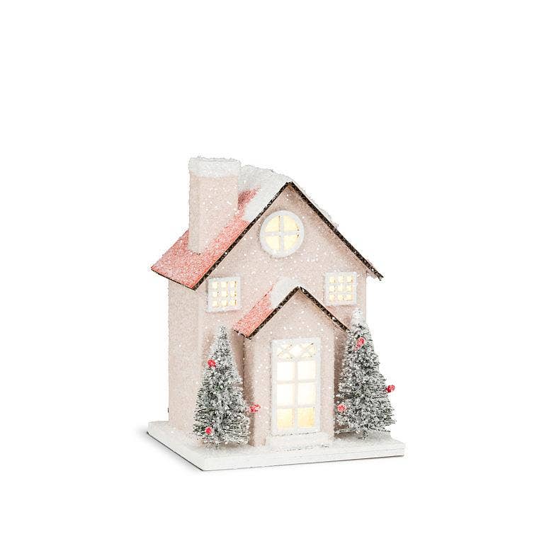 Small Snowy Pink Glitter House w/ LED - 3x4.5"W