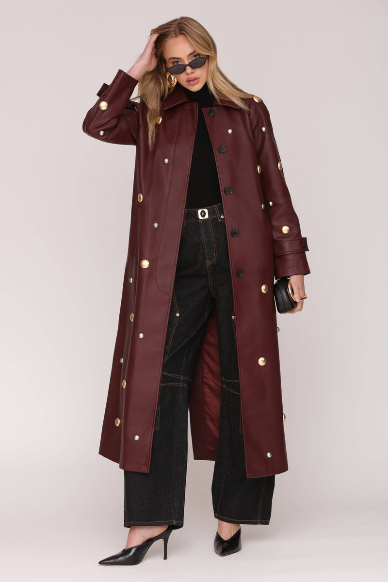Studded Faux-Ever Leather Trench Coat