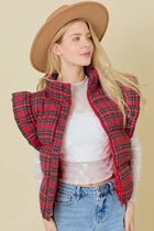 Plaid Puffer Vest With Ruffle Sleeves