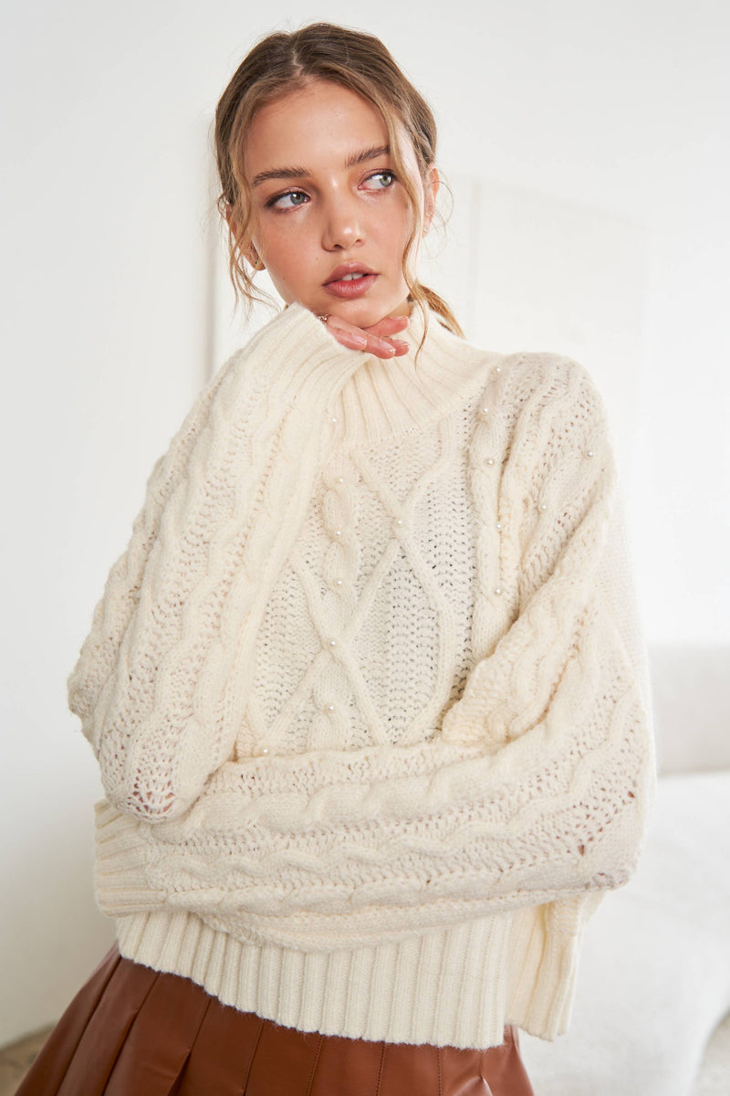 PEARL ACCENT MOCK NECK SWEATER