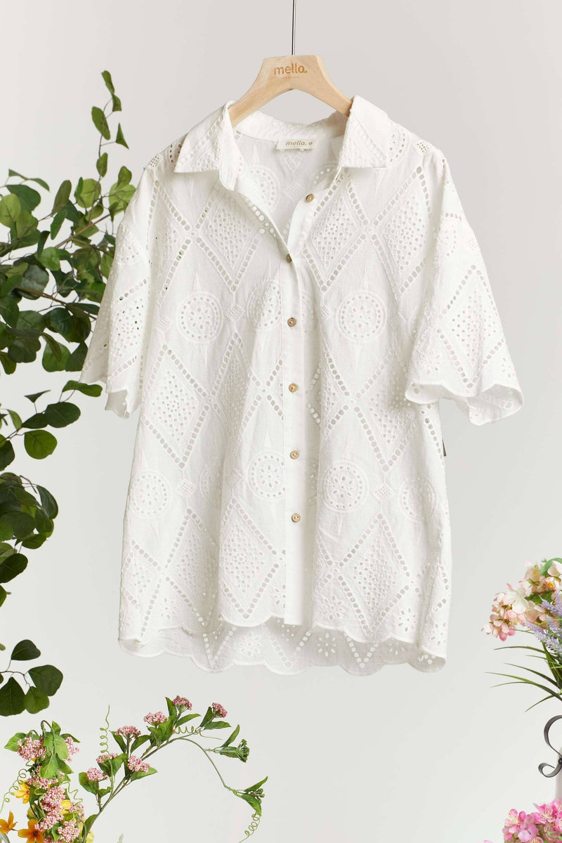 Short Sleeve Collared Button Down Lace Shirt