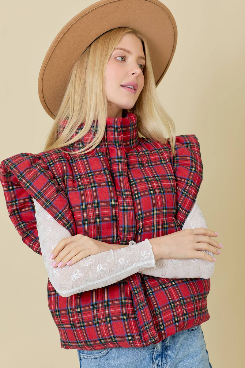 Plaid Puffer Vest With Ruffle Sleeves