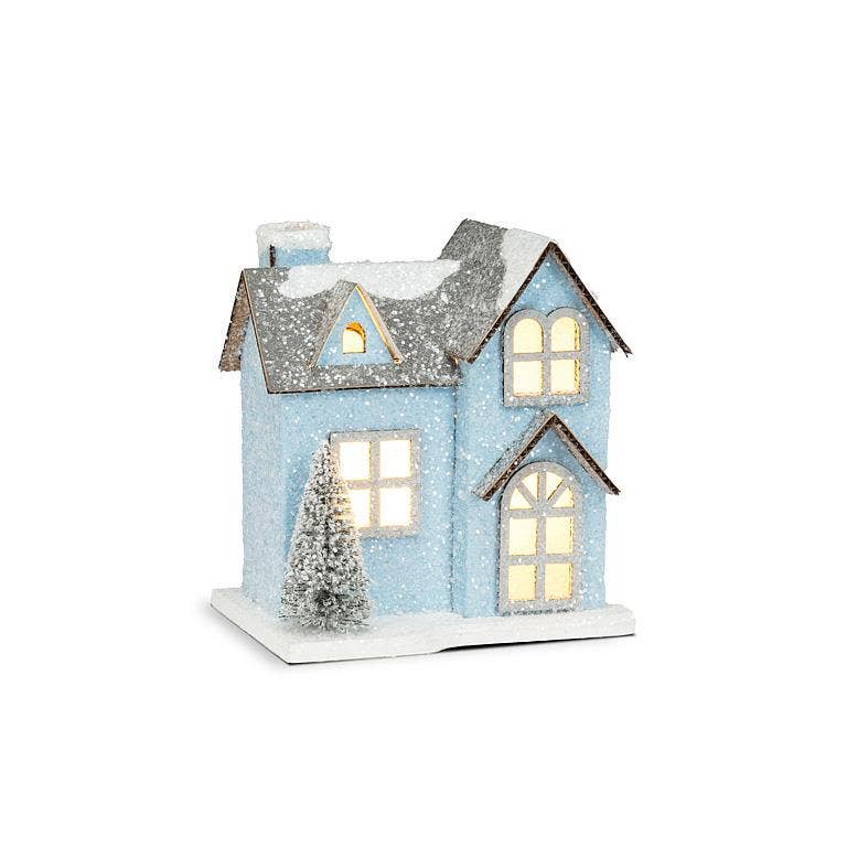 Small Snowy Blue Glitter House w/ LED - 3.5x4.5"W