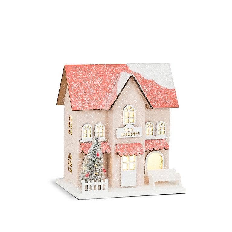 Small Snowy Pink Glitter Toy Shop w/ LED - 3.5x5"W