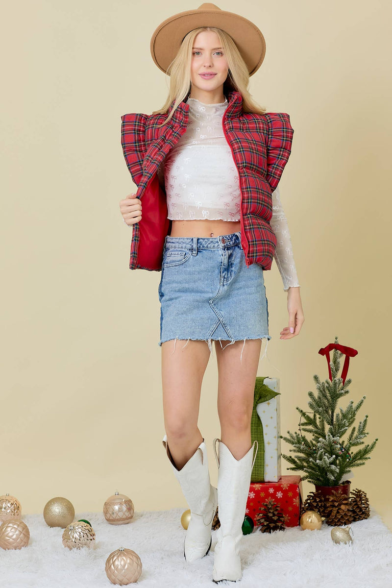 Plaid Puffer Vest With Ruffle Sleeves