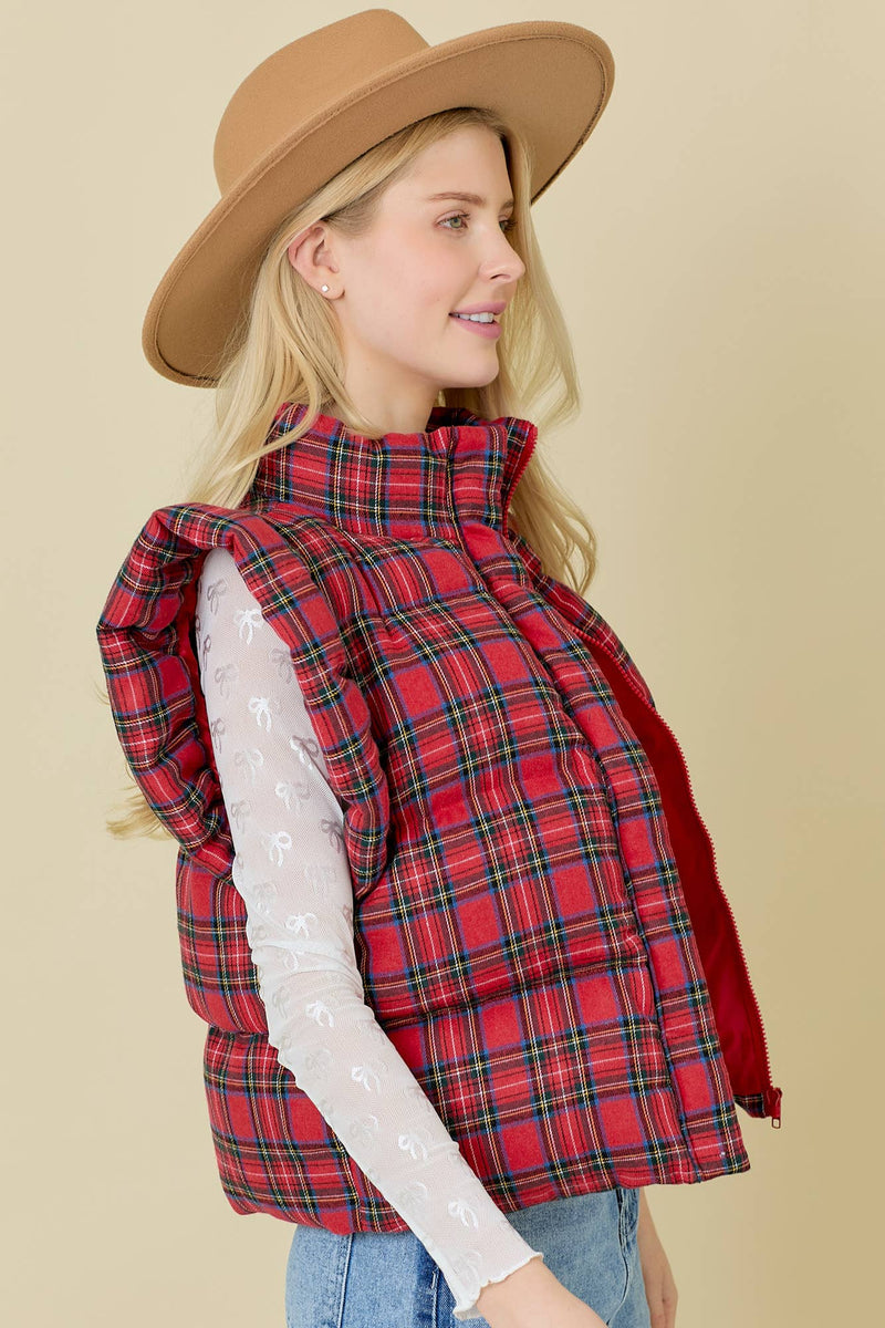 Plaid Puffer Vest With Ruffle Sleeves