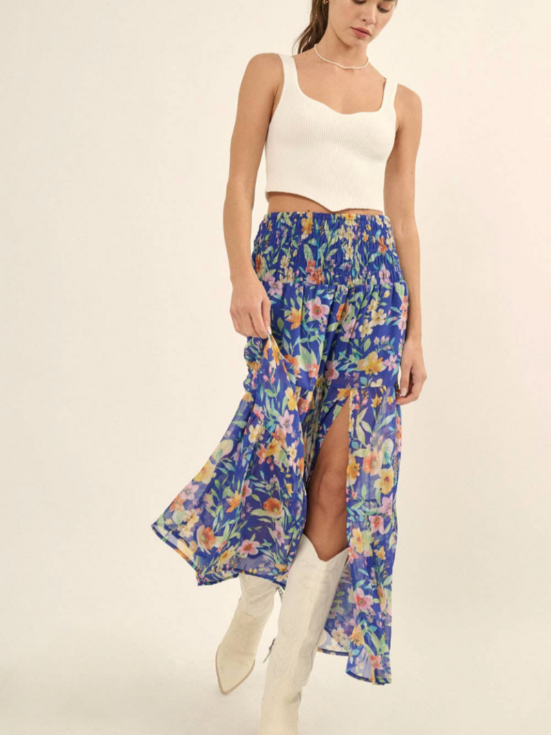 Tiered Floral Chiffon Maxi Skirt