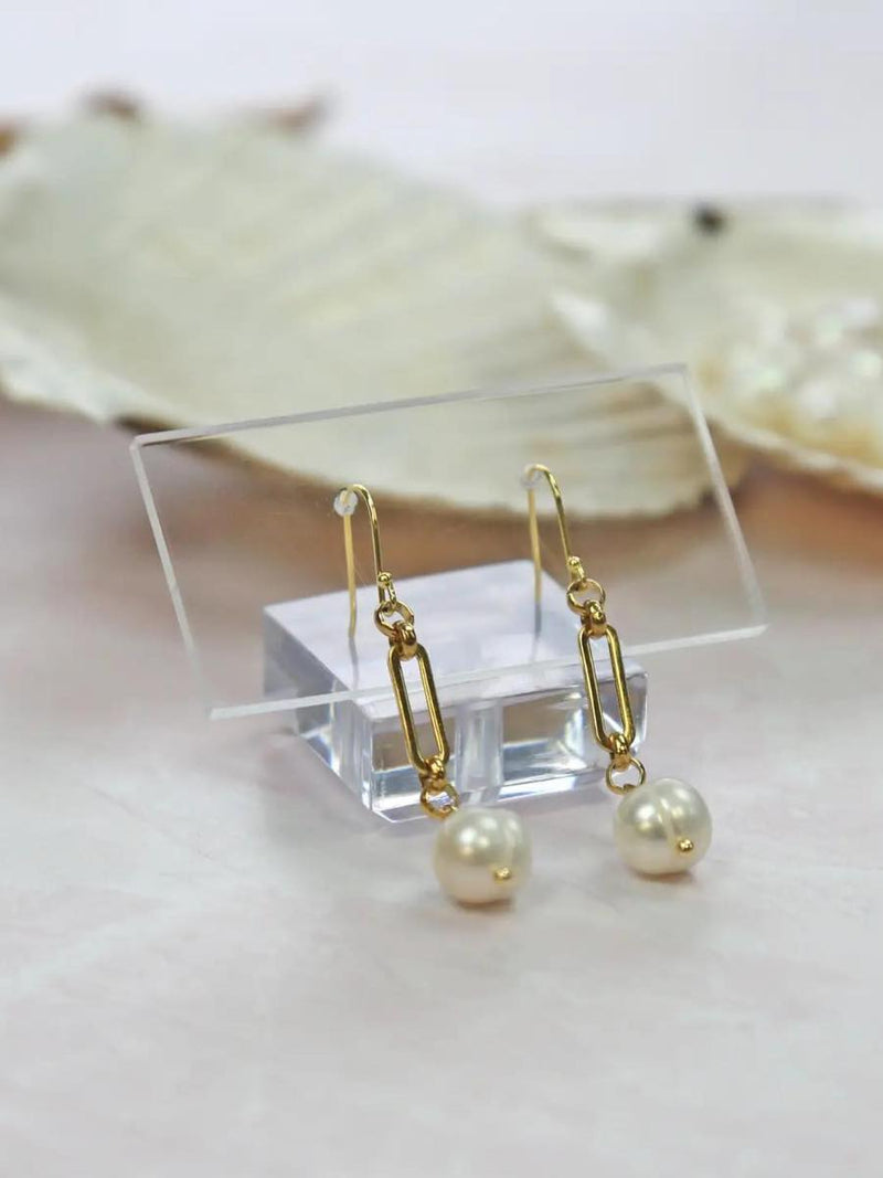 Cultured Pearl Link Chain Earring - Gold