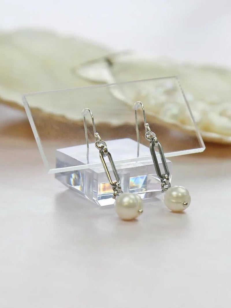 Cultured Pearl Link Chain Earring Silver