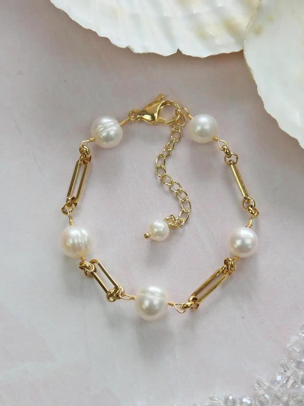 Cultured Pearl Link Chain Bracelet Gold Tone