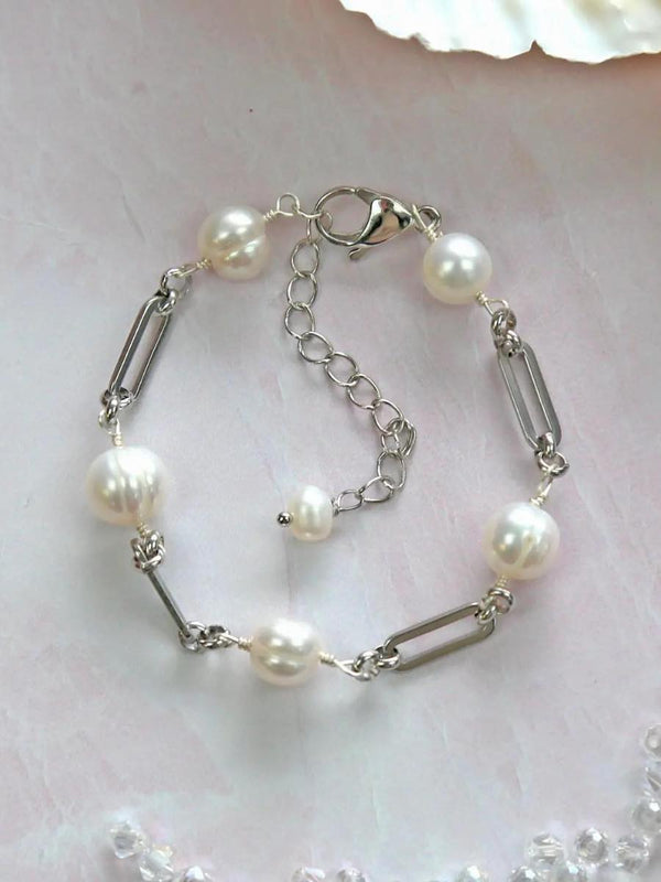 Cultured Pearl Link Chain Bracelet Silver Tone