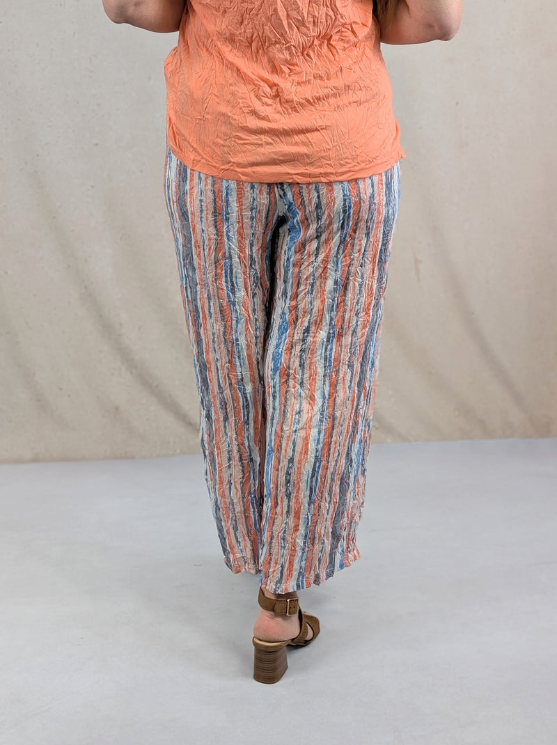 Crinkle Stripe Pants w/Button Detail