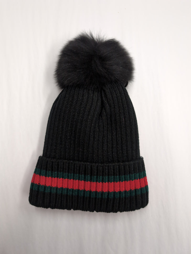 Knit Hat with Stripe Cuff and Fox Fur Pom Pom