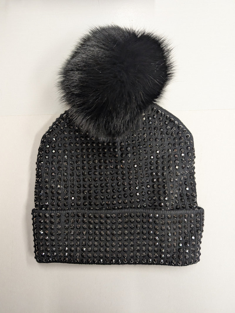 Knit Crystal Beanie w/Fox Fur Pompom
