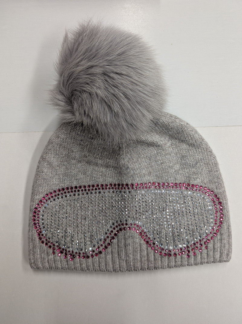 Ski Goggle Knit Beanie w/Fox Fur Pom Pom