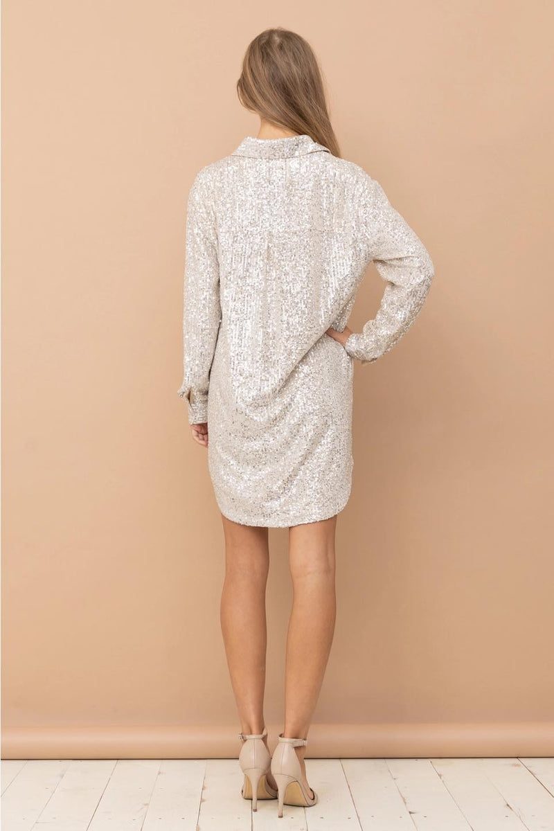 button down sequin dress Latte Button Down Sequin Shirt Dress