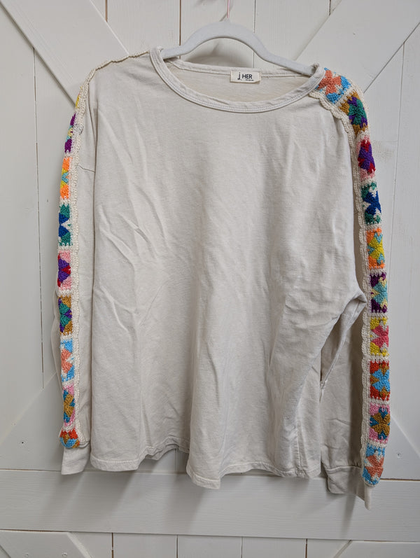 Boho Bloom Crochet Trim Sweatshirt
