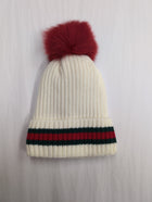 Knit Hat with Stripe Cuff and Fox Fur Pom Pom