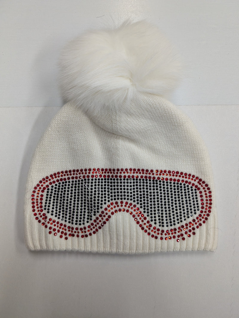 Ski Goggle Knit Beanie w/Fox Fur Pom Pom