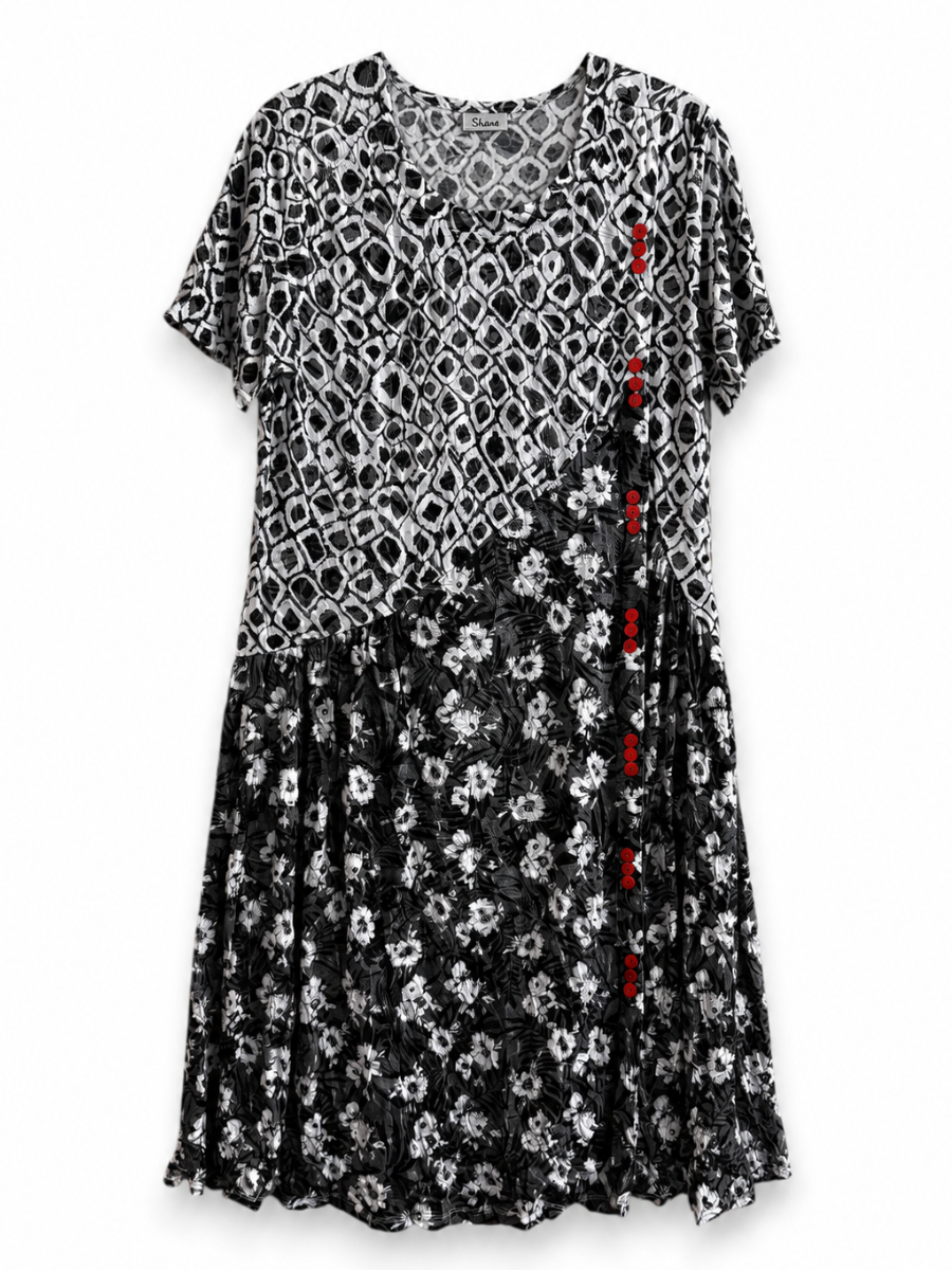 Black & White Dress with Red Button Detail L