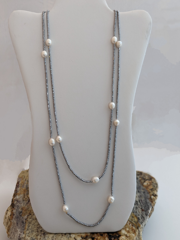 Long Hematite & Pearl Necklace