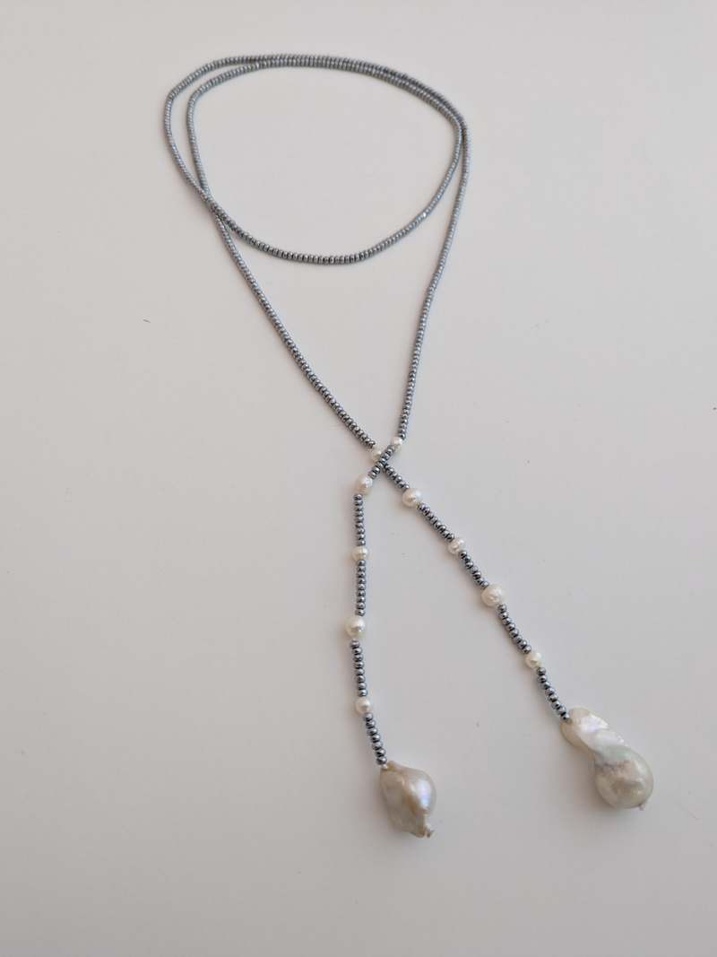 Long Hematite Lariat Necklace