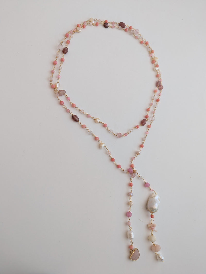 Mixed Pearls & Stones Lariat Necklace